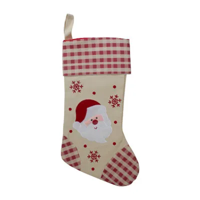 16.5'' Red and Ivory Embroidered Santa Claus Christmas Stocking with Gingham Cuff