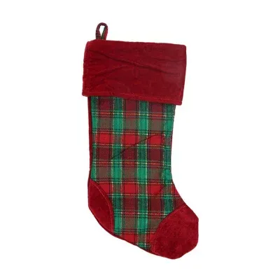 19'' Christmas Traditions Red  Green and Gold  Woven Plaid and Velvet Stocking