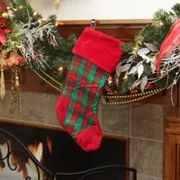 19'' Christmas Traditions Red  Green and Gold  Woven Plaid and Velvet Stocking