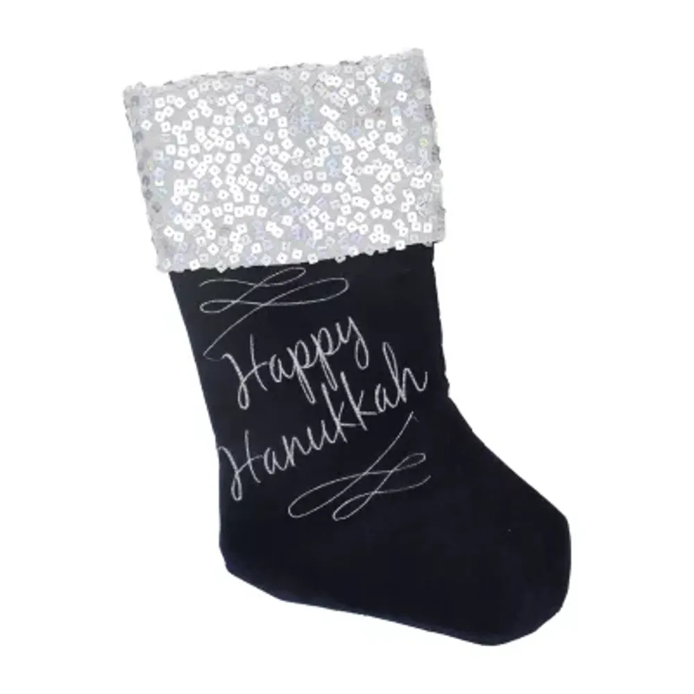 19'' Navy Blue and Silver ''Happy Hanukkah'' Sequin Cuff Embroidered Stocking