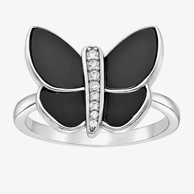 Womens Genuine Black Onyx Sterling Silver Butterfly Cocktail Ring