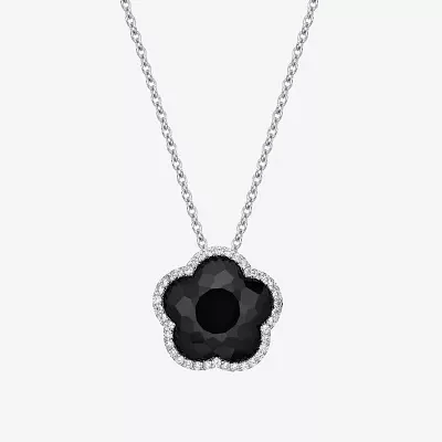 Womens Genuine Black Onyx Sterling Silver Flower 18 Inch Pendant Necklace