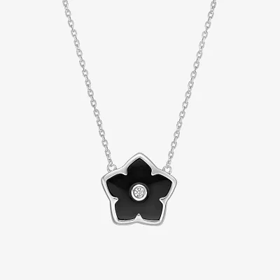 Womens Genuine Black Onyx Sterling Silver Flower Pendant Necklaces