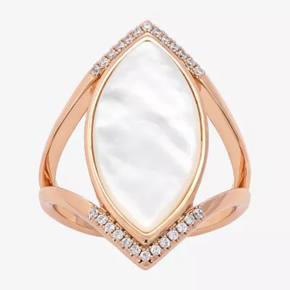 Sparkle Allure Split Shank Mother Of Pearl Cultured Freshwater 18K Rose Gold Over Brass Cocktail Ring