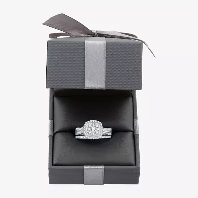 I Said Yes (H-I / I1) Womens 3/4 CT. T.W. Lab Grown White Diamond Sterling Silver Cushion Side Stone Halo Bridal Set