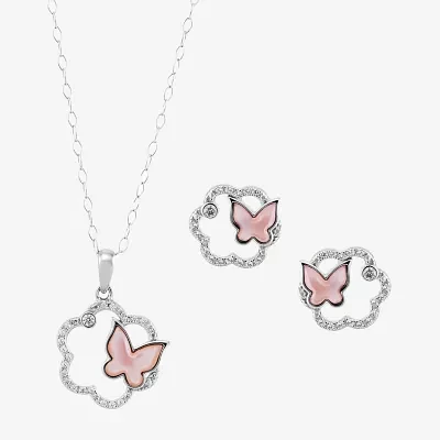 Dyed Pink Sterling Silver Butterfly 2-pc. Jewelry Set