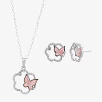 Dyed Pink Sterling Silver Butterfly 2-pc. Jewelry Set