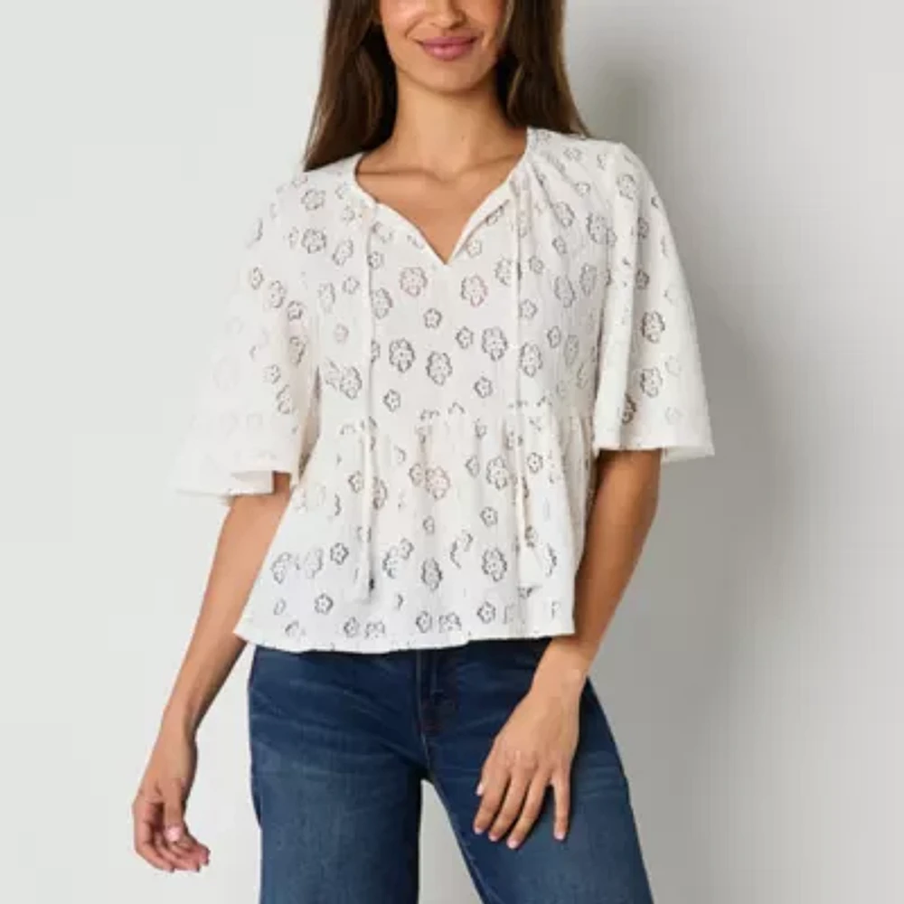 Frye and Co. Womens Split Tie Neck Elbow Sleeve Blouse