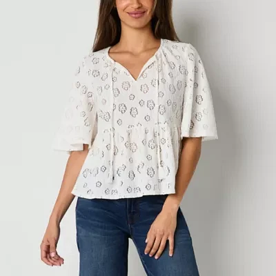 Frye and Co. Womens Split Tie Neck Elbow Sleeve Blouse