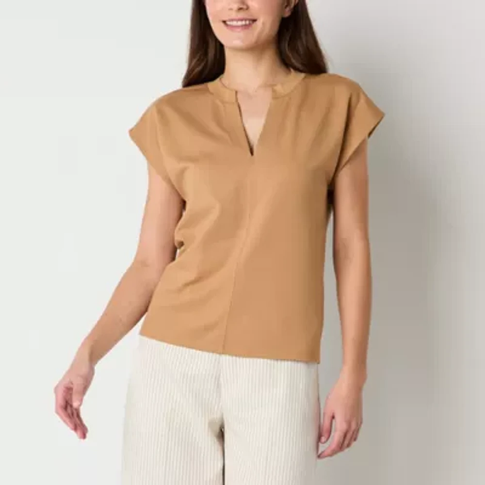 Worthington Womens Split Crew Neck Short Sleeve Blouse