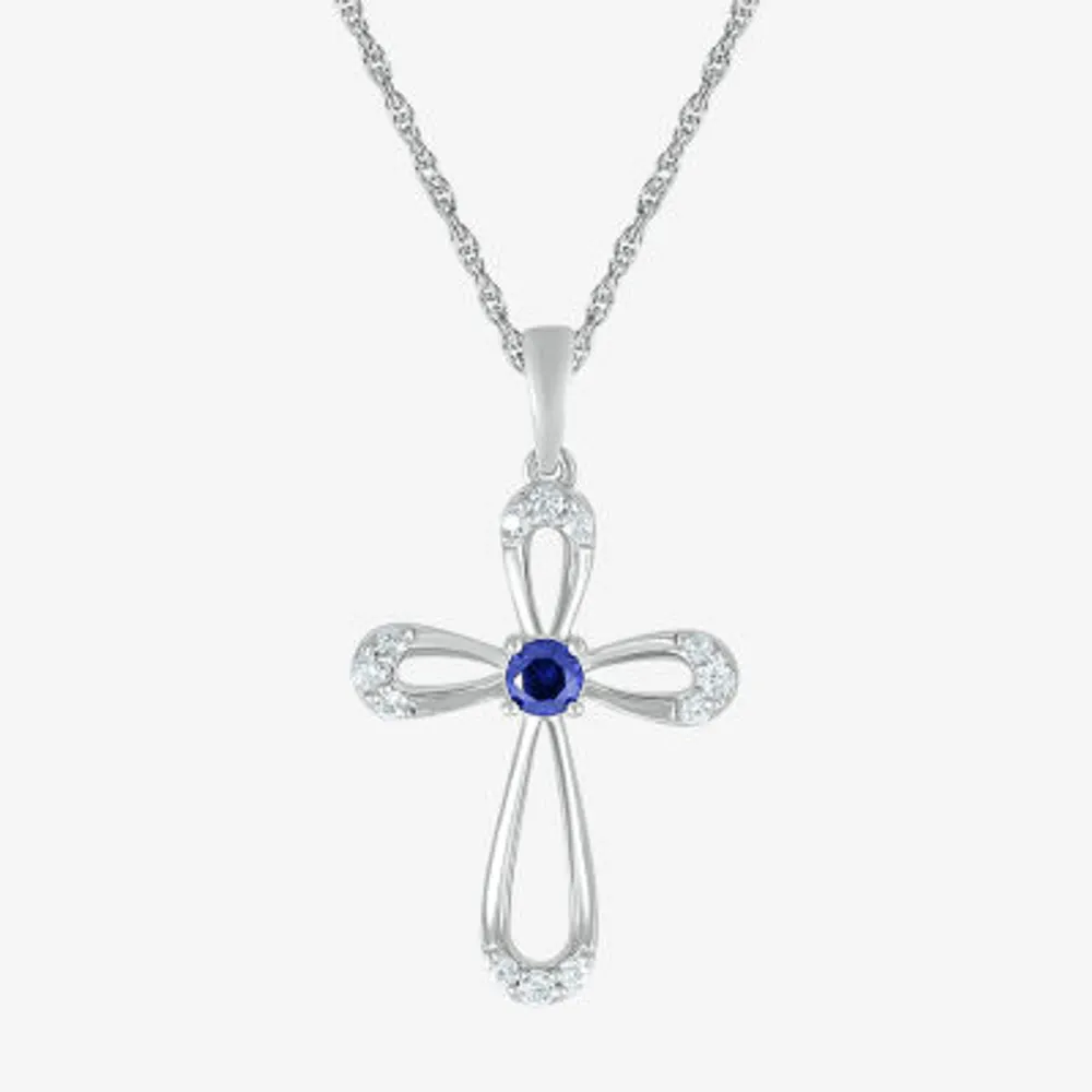 Womens Lab Created Sapphire Sterling Silver Cross Pendant Necklace