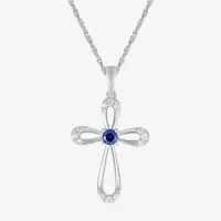 Womens Lab Created Sapphire Sterling Silver Cross Pendant Necklace