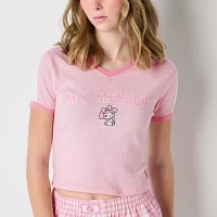 Juniors My Melody Ringer Tee Womens V Neck Short Sleeve Hello Kitty Graphic T-Shirt