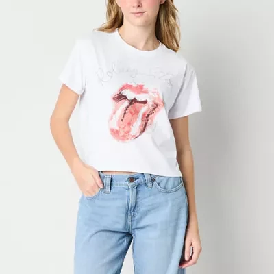 Juniors Rolling Stones Embelished Relaxed Cropped Tee Womens Crew Neck Short Sleeve Graphic T-Shirt