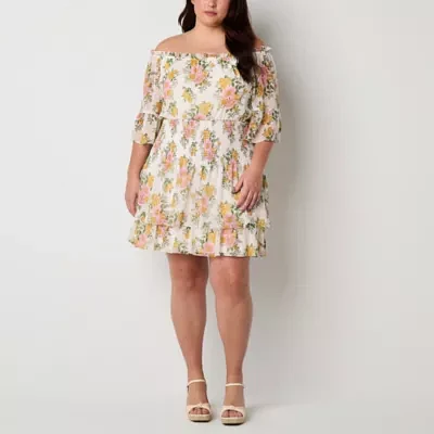 Premier Amour Off The Shoulder Womens 3/4 Sleeve Floral Fit + Flare Dress Plus