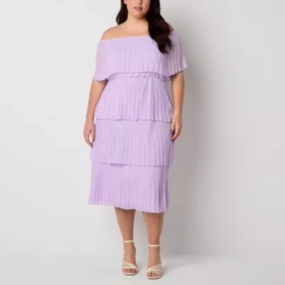 Premier Amour Off The Shoulder Womens Sleeveless Midi Shift Dress Plus