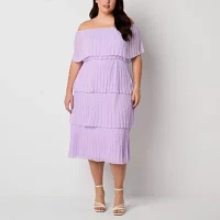 Premier Amour Off The Shoulder Womens Sleeveless Midi Shift Dress Plus