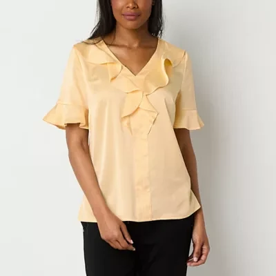 Liz Claiborne Womens V Neck Short Sleeve Satin Blouse