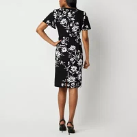 Liz Claiborne Womens Short Sleeve Floral Midi Sheath Dress