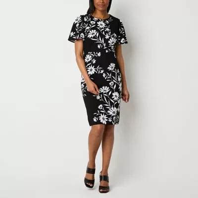 Liz Claiborne Womens Short Sleeve Floral Midi Sheath Dress