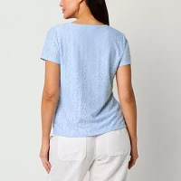 Liz Claiborne Womens Round Neck Short Sleeve Lace Blouse