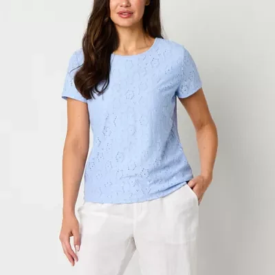 Liz Claiborne Womens Round Neck Short Sleeve Lace Blouse