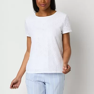 Liz Claiborne Womens Round Neck Short Sleeve Lace Blouse