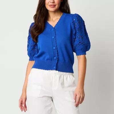 Liz Claiborne Womens V Neck Short Sleeve Button Cardigan