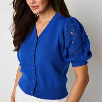 Liz Claiborne Womens V Neck Short Sleeve Button Cardigan