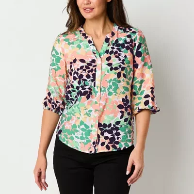 Liz Claiborne Womens 3/4 Sleeve Regular Fit Button-Down Shirt