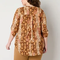 Worthington Plus Womens Split Crew Neck 3/4 Sleeve Blouse