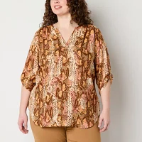 Worthington Plus Womens Split Crew Neck 3/4 Sleeve Blouse