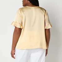 Liz Claiborne Plus Womens Round Neck Short Sleeve Blouse