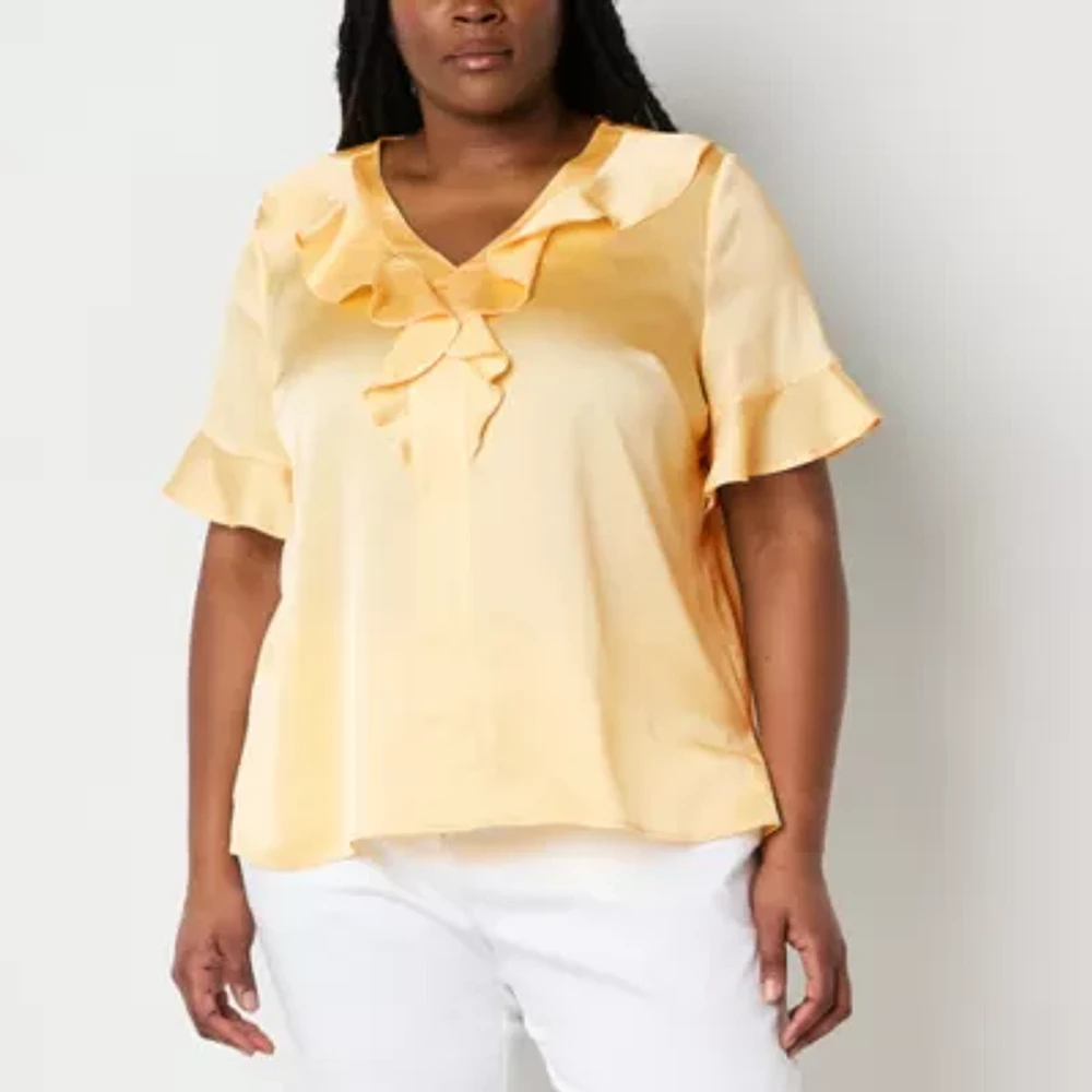 Liz Claiborne Plus Womens Round Neck Short Sleeve Blouse