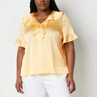 Liz Claiborne Plus Womens Round Neck Short Sleeve Blouse