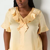 Liz Claiborne Plus Womens Round Neck Short Sleeve Blouse