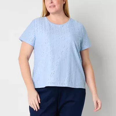 Liz Claiborne Plus Womens Round Neck Short Sleeve Lace Blouse