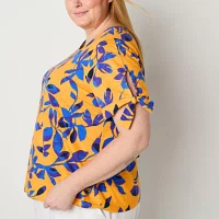Liz Claiborne Plus Womens Crew Neck Short Sleeve Blouse