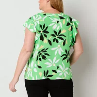 Liz Claiborne Plus Womens V Neck Short Sleeve Satin Blouse