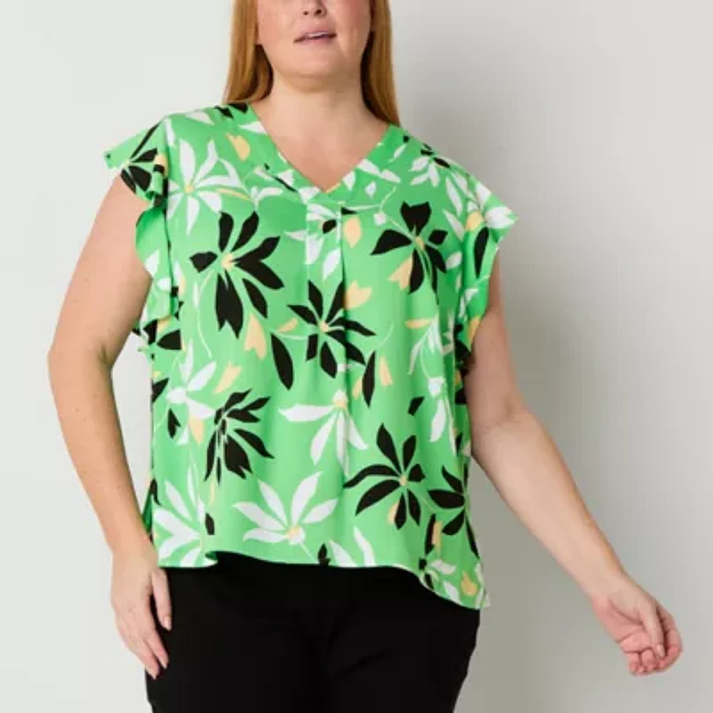 Liz Claiborne Plus Womens V Neck Short Sleeve Satin Blouse
