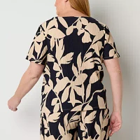 Liz Claiborne Plus Womens Round Neck Short Sleeve Blouse