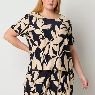 Liz Claiborne Plus Womens Round Neck Short Sleeve Blouse