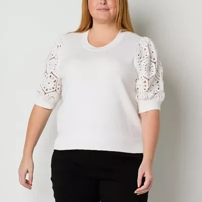 Liz Claiborne Plus Womens Crew Neck Short Sleeve Pullover Sweater