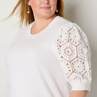 Liz Claiborne Plus Womens Crew Neck Short Sleeve Pullover Sweater