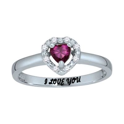 Personalized Simulated Birthstone & Cubic Zirconia Heart Halo Ring