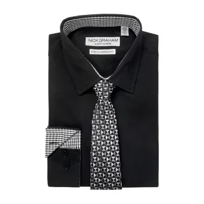 Nick Graham Mens Point Collar Long Sleeve Stretch Fabric Shirt + Tie Set