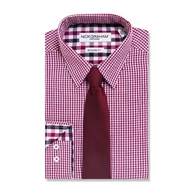 Nick Graham Mens Micro Gingham Point Collar Long Sleeve Stretch Fabric Shirt + Tie Set