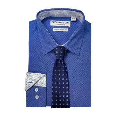 Nick Graham Mens Geometric Print Point Collar Long Sleeve Stretch Fabric Shirt + Tie Set