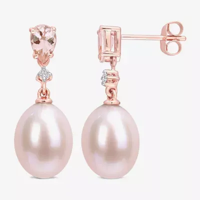 Diamond Accent Dyed Pink Cultured Freshwater Pearl 10K Rose Gold Drop Earrings