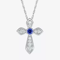 Womens Lab Created Blue Sapphire Sterling Silver Cross Pendant Necklace